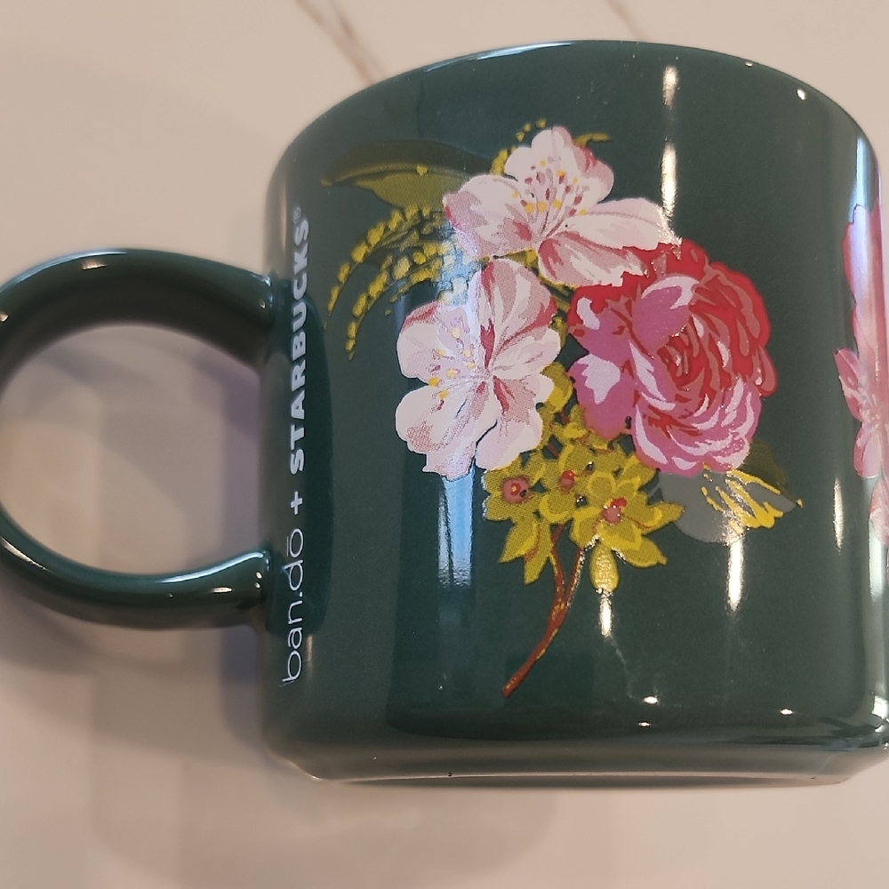 Starbucks Dark Green Mug with Pink and Red Floral Accents